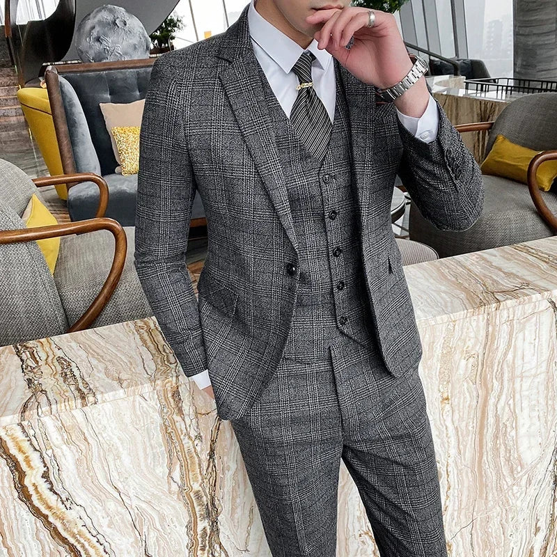 Men's Suit 3 Piece, Business Casual Jacket Vest with Trousers, Gray Dark Brown Slim Fit Suit, Asian Size M-5XL