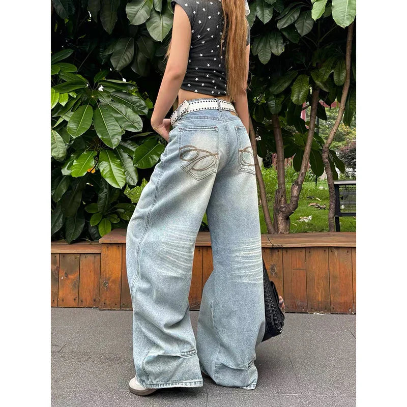 Vintage Y2k Embroidery Jeans Women Blue High Waist Straight Baggy Denim Trousers American Retro 90s Street Wide Leg Jeans