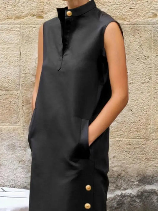 Female Vintage Solid Color Split-Side Stand Collar Party Evening Dresses 2025 New Summer Buttoned Casual Shirts Dress