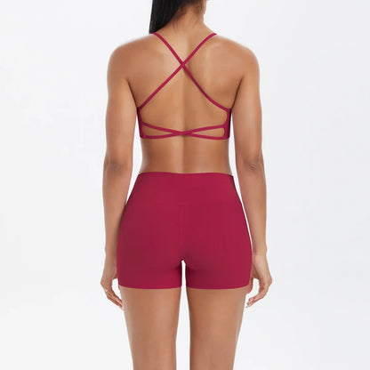 2PCS Yoga Clothes  Halter Yoga Top Set Fitness Gym Suit Crossover Back Sports Underwear Workout Gym Shorts Fitness High Waist