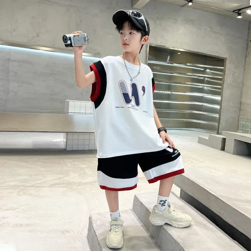Children Summer Clothing Top and Bottom Set For Boys Cotton Clothes Suit Outfit Suit Kids Sleeveless T-shirt Shorts Tracksuit