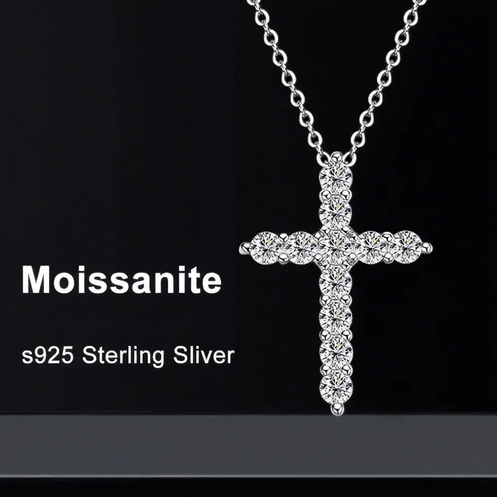 Full Moissanite Cross Pendant Original Sterg Sliver Chain Plated White Gold Fine Necklace For Women Jewelry