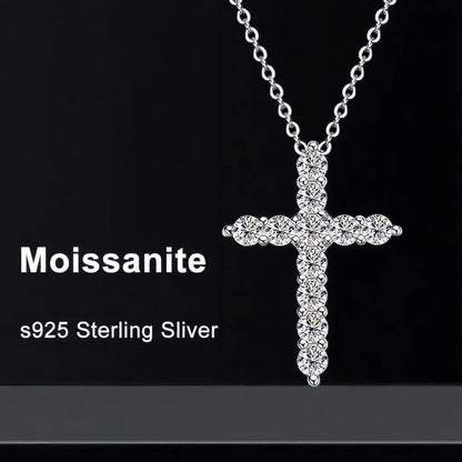 Full Moissanite Cross Pendant Original Sterg Sliver Chain Plated White Gold Fine Necklace For Women Jewelry