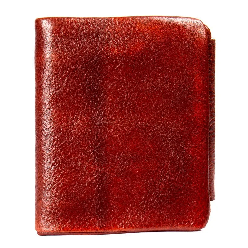 Men's Hand-Rubbed Genuine Leather Short Wallet Top-Grain Vegetable-Tanned Zipper Wallet with Driver's License Card Holder