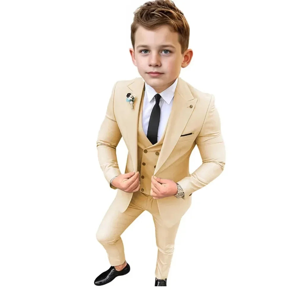 Boys Formal Slim Fit Suits 3 Pieces Holiday Celebration Outfit,Autumn Long Sleeve Kids Peak Lapel Suit Set Wedding Guest Wear