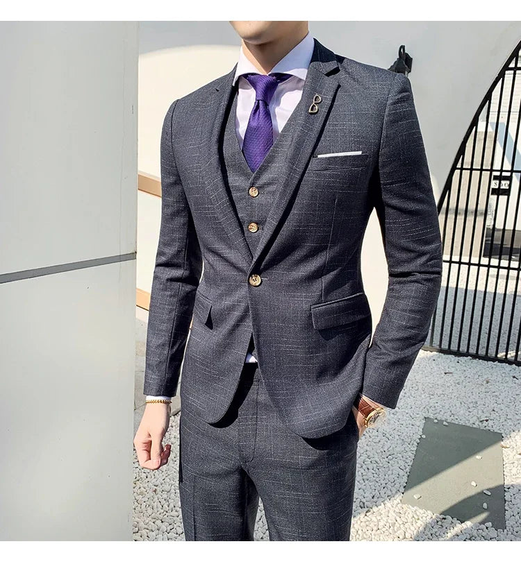 High Quality Slim-fit Men's Three-piece Suit with Vest And Trousers - Double Buckle Wedding Art Fabric Tough Man Suit