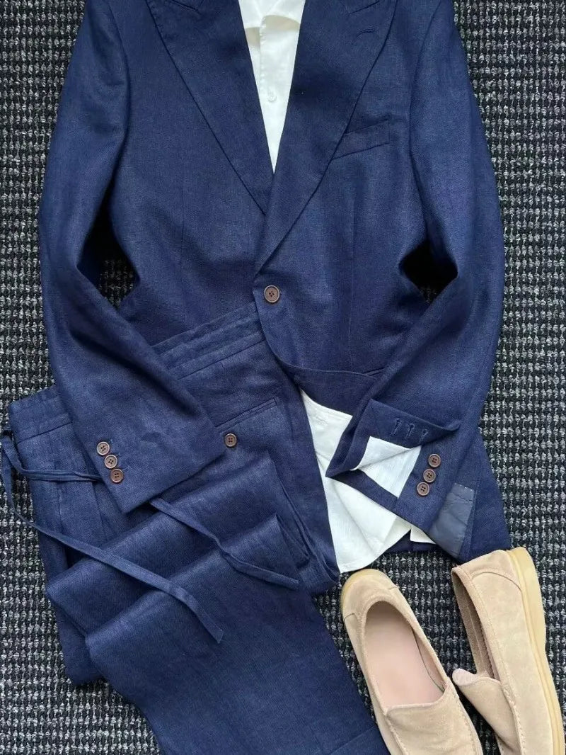 British Style Mens Linen Thin Suit Sets Slim Single Breasted Retro Blazers Pant Outfits Spring Summer Male Coat Two-Piece Set