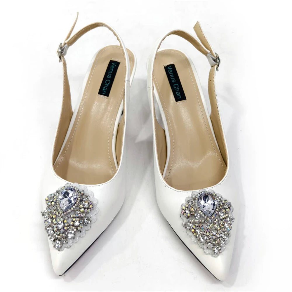 2024 Latest Wedding Pointed Toe Women's Shoes High Heel White Color Rhinestones Party Ladies Shoes And Bag Set