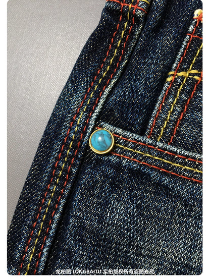 High Quality 100% Cotton Washed Yellow Selvedge Denim Jeans for Men American Vintage Casual Spring Autumn Loose Straight Pants