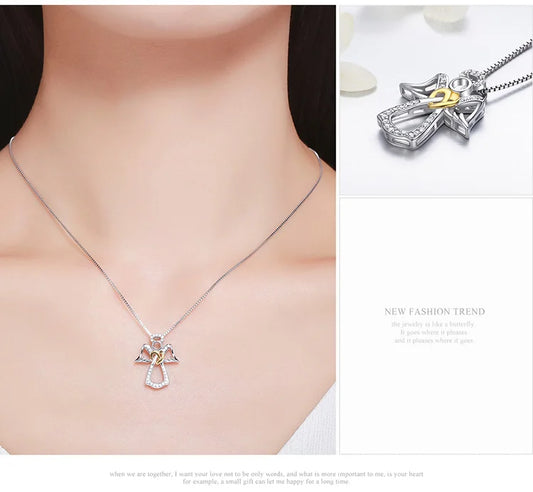 925 Sterling Silver Guardian Angel Pendant Necklace Angel Wing Chain for Women Dazzling Zircon Luxury Jewelry SCN123