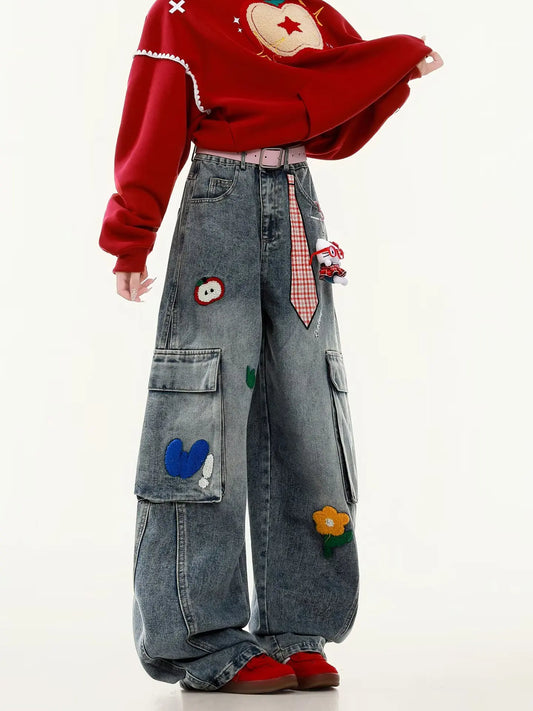 Embroidered Harajuku women's jeans American casual style retro straight leg high street wide leg pants Y2k loose jeans for womem