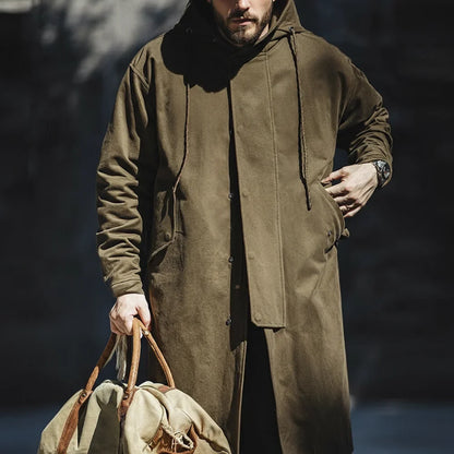 Retro M51 Hooded Windbreaker Loose Fit Cotton Zipper Mid-length Jacket Versatile Solid Color Outerwear for Men's Autumn