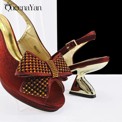 Elegant Women High Heels for Peep Toe Good Material Rhinestone Wine Sandals Italian Design Shoes and Bags Matching