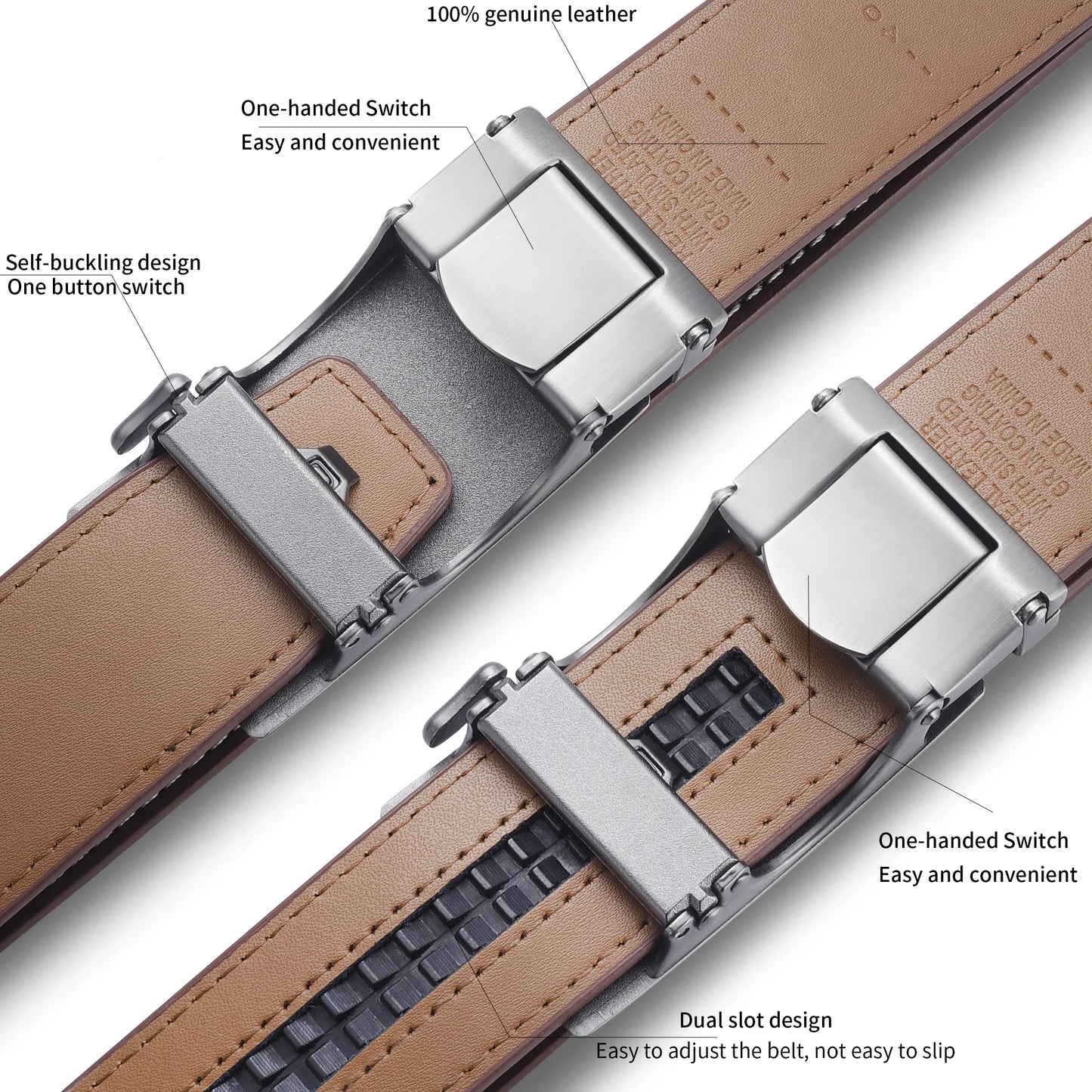 Men's Cowhide Belt, Business Casual Smooth Belt, Coffee Brown Genuine Leather Automatic Blue Middle-Aged Pants Belt