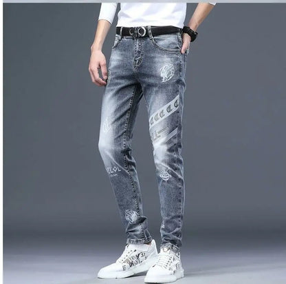 High End Stylish Classic Distinctive Printed Black Stretch Denim Jeans for Men High Quality Slim Fit Stretch Luxury Denim Pants