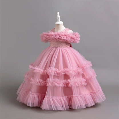 New Elegant Dress for Girls Flower Wedding Long Embroidered Panto Skirt 4-12 Years Old Piano Performance Girl Dress