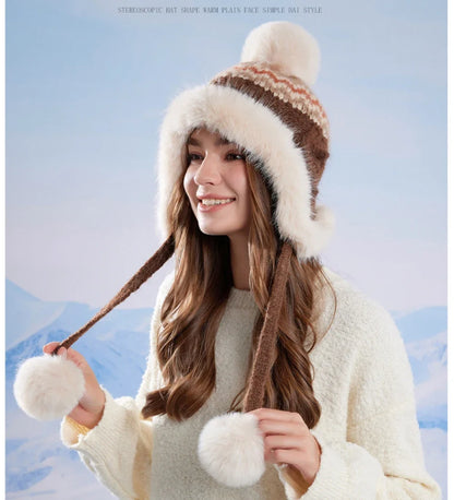New Thick Warm Women Winter Hat Skullies Beanies Knitted Fur Hat Three Fur Ball Beanie Hat Female Earflap Cap Russian Hat