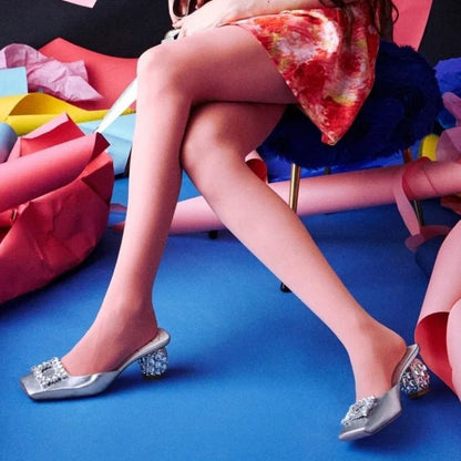 Summer Rhinestone Pumps Women Square Toe Mules Female Crystal High Heels Women Shoes Femmes Chaussures sandalias de las mujeres