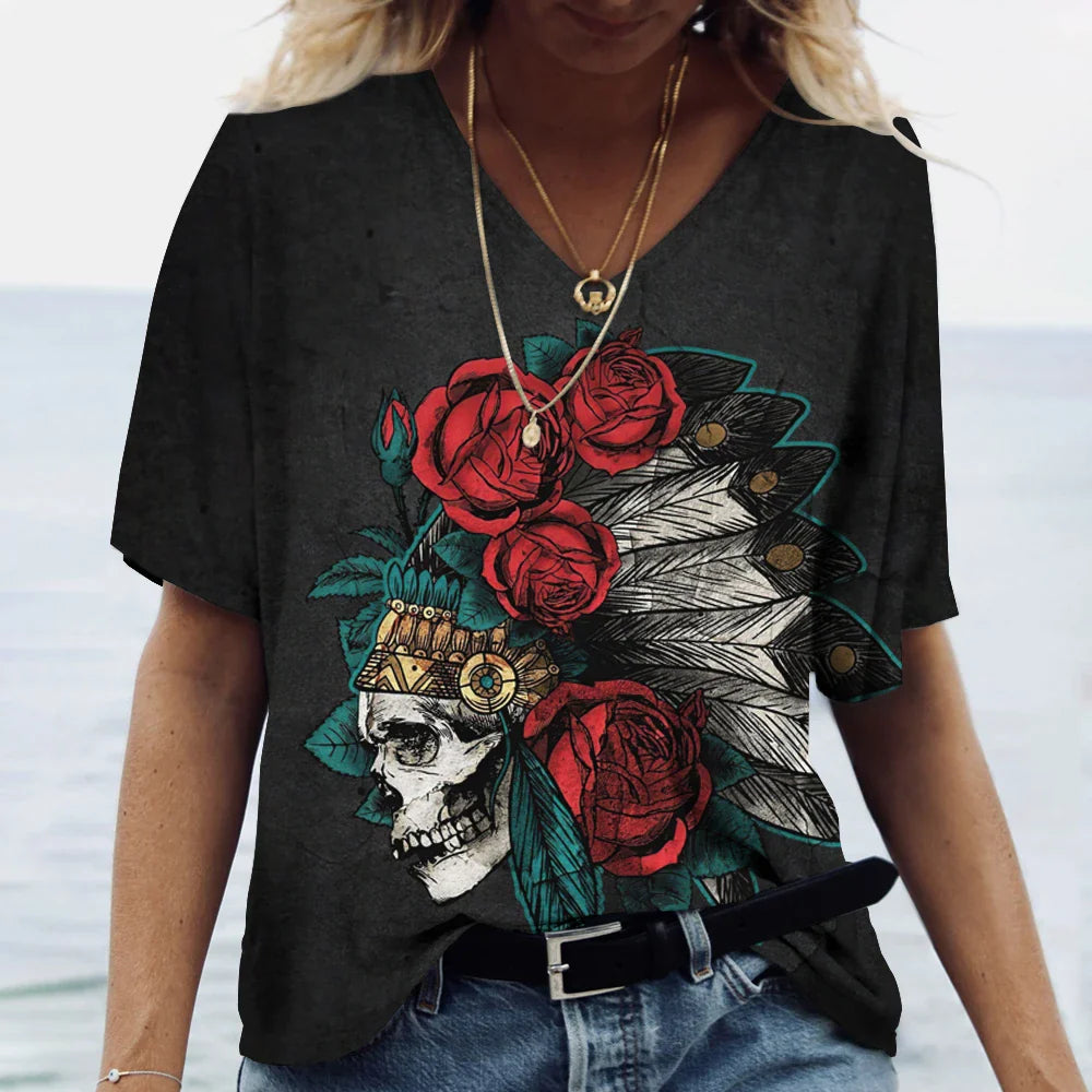 Skulls T-shirt Women's Shirt Fashion Short Sleeve New Casual Top Tee Ladies Girl Clothing V Neck T Shirt For Women