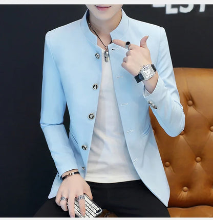 2024 Men's Slim Fit Long Sleeve Casual Suit Korean Trend Stand Collar Fashion Handsome Male Suit