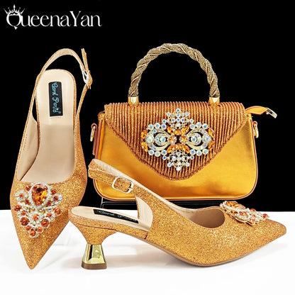 Hot Selling INS Pointed-Toe Luxury Style Women High Heels Sandal With Bag Set Orange Color for Wedding Party
