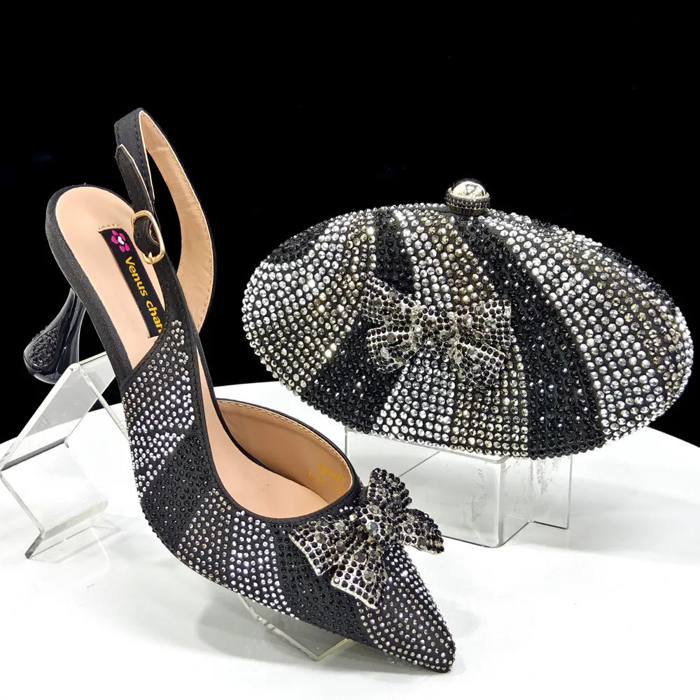New Arrival Women's Elegant Black Shoes with Rhinestone-Embellished Diamond Heels & Matching Handbag – Perfect Fashion Set for