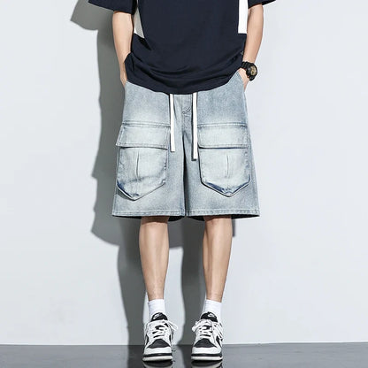 Bermuda Men's Denim Shorts Summer New Fashion Loose Jeans Casual Vintage Drawstring Cargo Short Pants Male Streetwear
