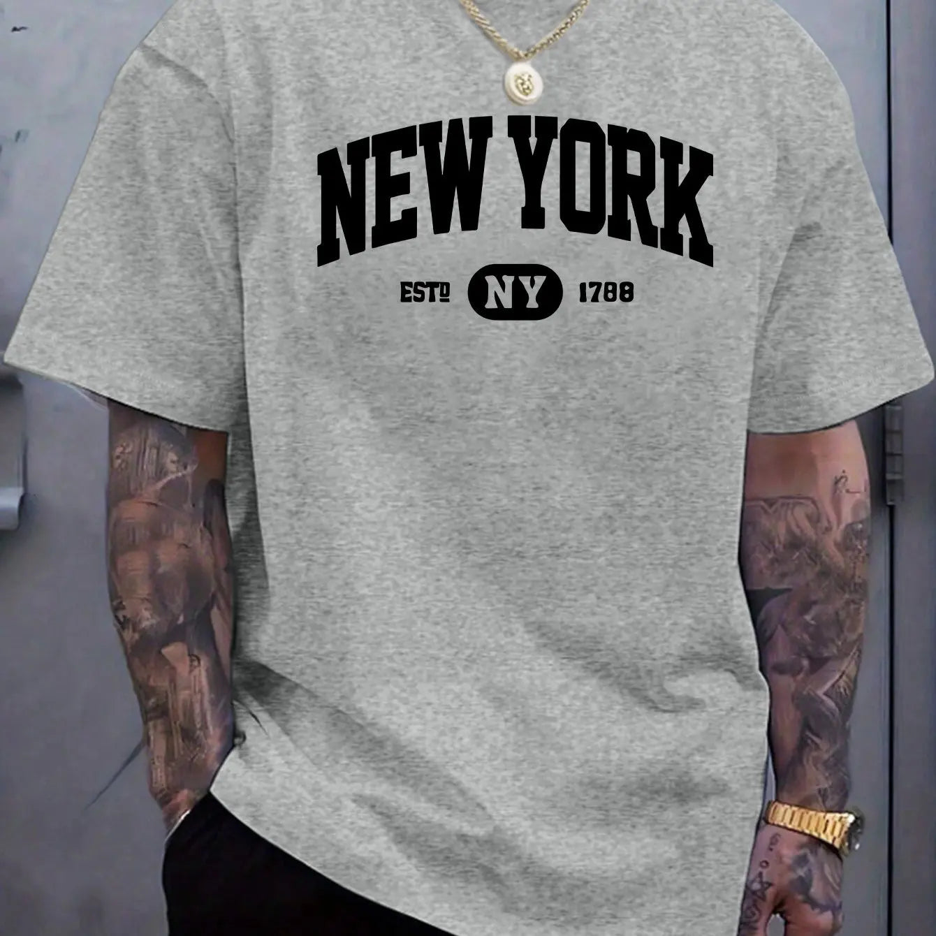 100% pure cotton men's casual loose and fashionable New York letter printed sports breathable short sleeved round neck T-shirt