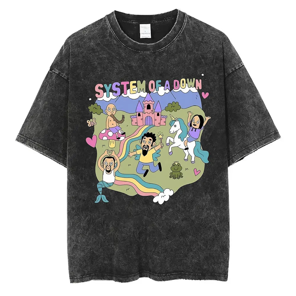 Washed Vintage System of A Down Tshirt Men Women Cotton Quality Short Sleeve Tees Male Rock Music Band Cartoon Graphic T Shirts