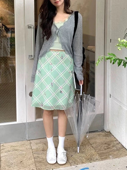 Sweet Elegant Floral Skirt Women Korean Style Vintage Green Plaid Skirts Y2k Harajuku Summer Fashion Mesh Mid Skirts