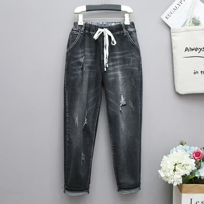 Large Size Baggy Jeans Woman High Waist Loose Harem Pants Elastic Cotton Denim Pants Women Denim Jeans Mom Ripped Jeans
