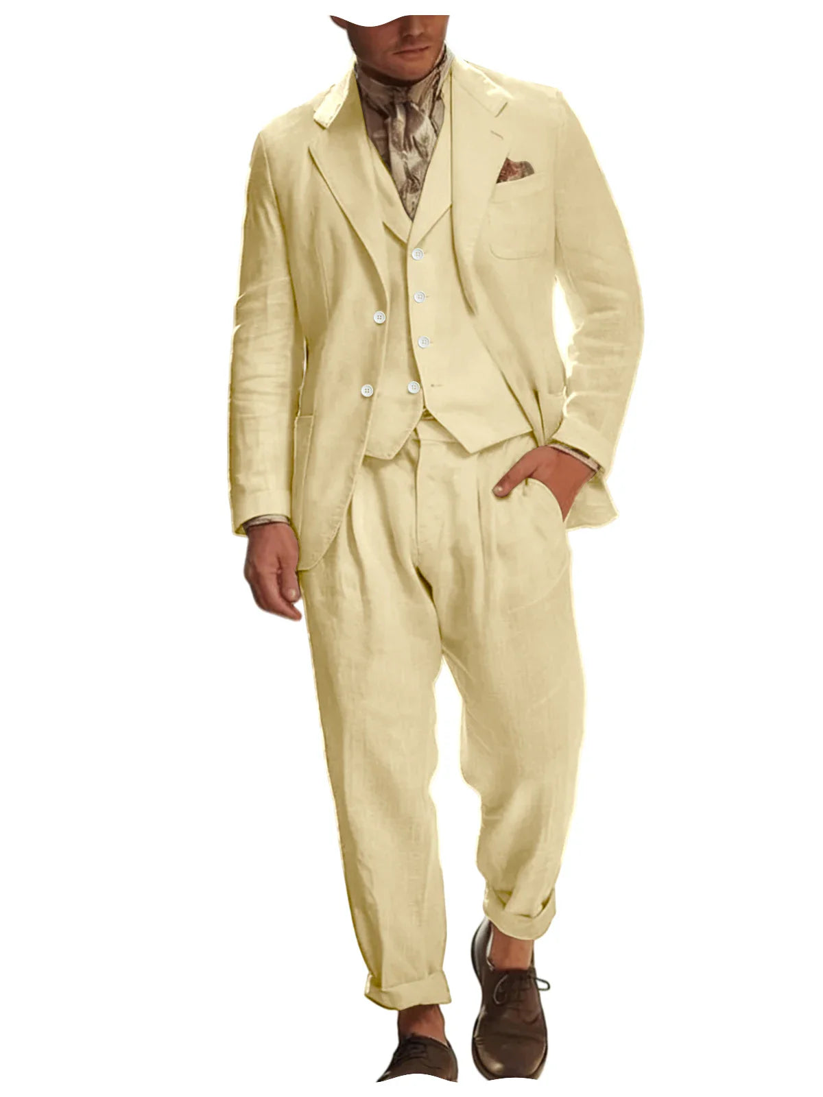Italian Style Men's Linen 3 Piece Set Notch Lapel 2 buttons Blazer+Vest+Pants Breathable Lightweight Summer Casual Business Suit