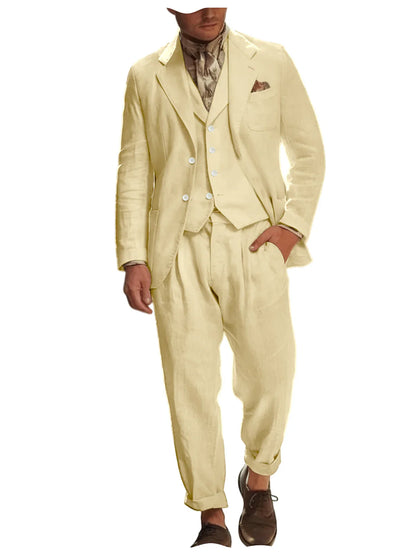 Italian Style Men's Linen 3 Piece Set Notch Lapel 2 buttons Blazer+Vest+Pants Breathable Lightweight Summer Casual Business Suit