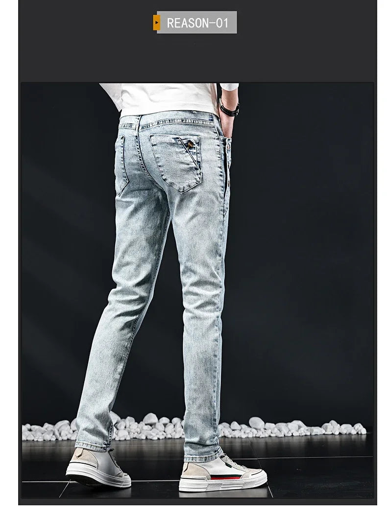 Slim Skinny Jeans Men New Elastic Korean Design Fashion Multi-Button Blue White Vintage Wash Cotton Stretch Denim Pants Trousers