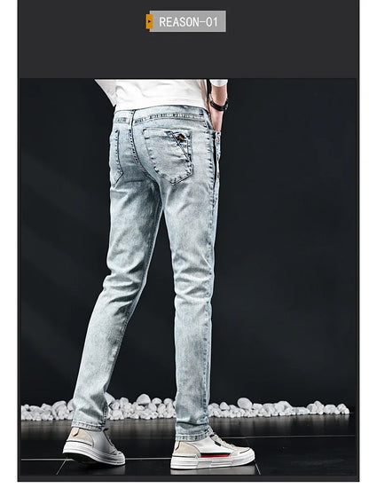 Slim Skinny Jeans Men New Elastic Korean Design Fashion Multi-Button Blue White Vintage Wash Cotton Stretch Denim Pants Trousers