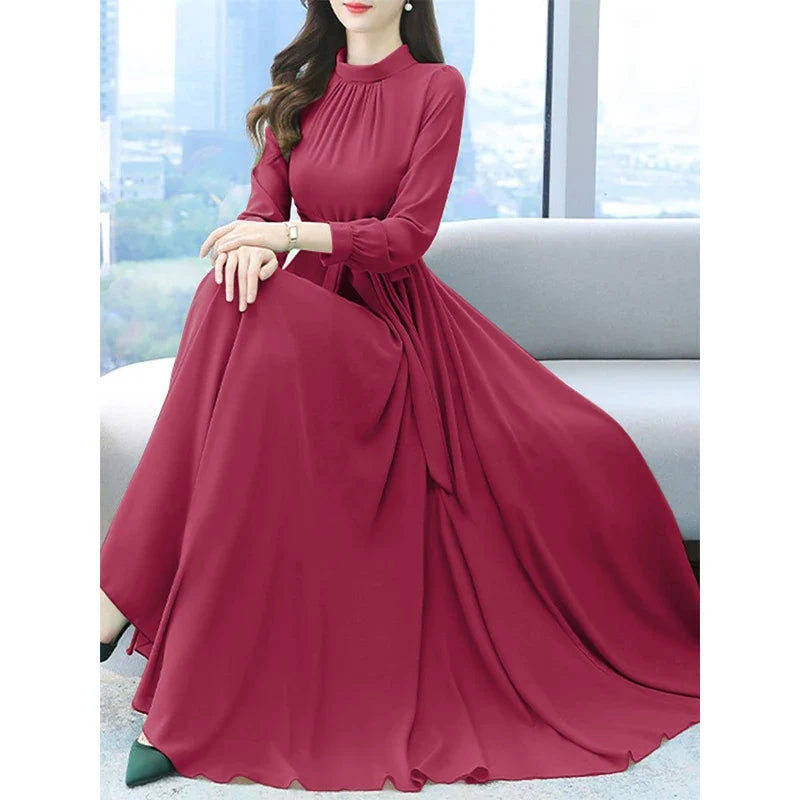Women Long Sleeve A-line Sundress Spring Long Dress Autumn Solid Party Holiday Maxi Dresses Vestidos Femme Vintage Robe