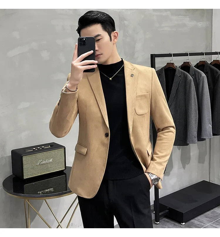 Deerskin Leather Jacket Blazer Men Casual Slim Fit Blazer Hombre Suit Leather Jacket Men Terno Masculino Men Clothing 6 Color