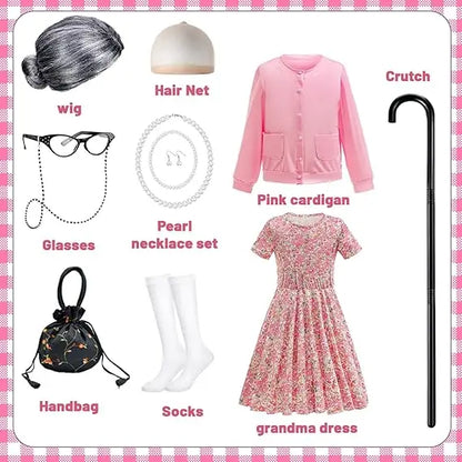 Baby Girl Celebrating 100th School Days Funny Cosplay Costumes Dress Granny Girl Cosplay Floral Old Lady Dress Up With Cane