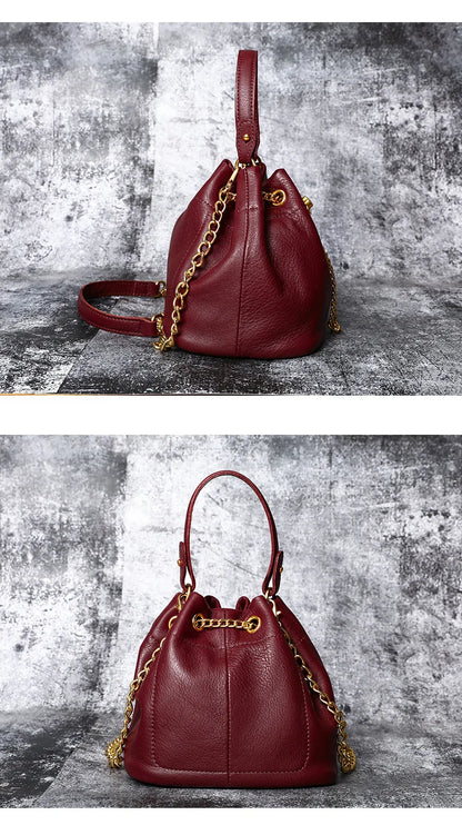 New Vintage Fashion Chain Bag Genuine Leather Multi-Way Bucket Bag for Women Compact Stylish Crossbody Purse