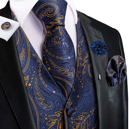 High Quality Silk Mens Vests Champagne Paisley Waistcoat Neck Tie Hanky Cufflinks Brooch Set for Men Suit Wedding Office