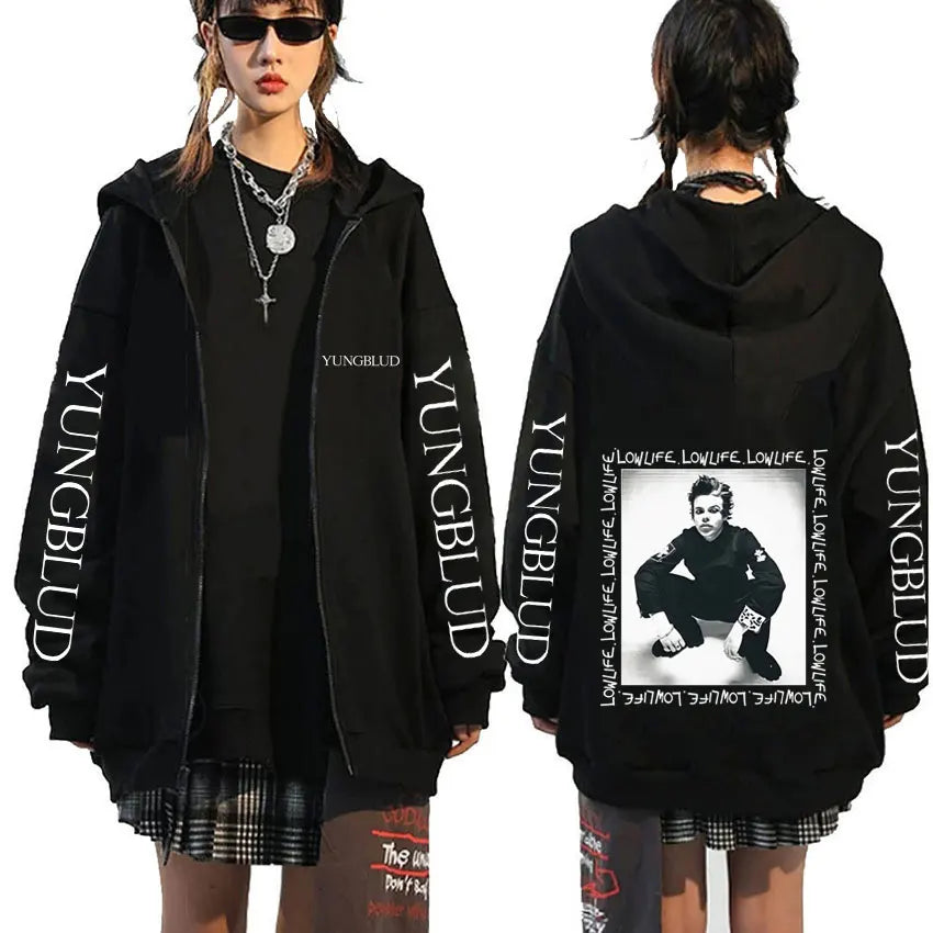 Singer Yungblud Black Hearts Club Zipper Hoodie Male Fleece Cotton Zip Up Hoodies Men Women Rock Vintage Oversized Zip Up Jacket