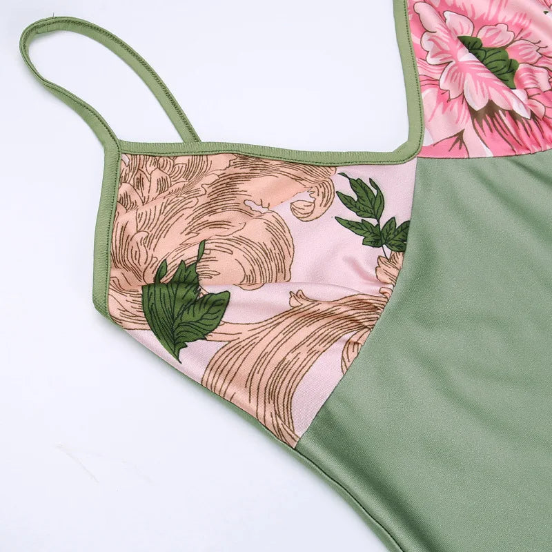 Floral Print Summer Green Dress Womens Fashion Casual Sleeveless V-neck Backless Tunics Bodycon Holiday Beach Dresses Streetwear
