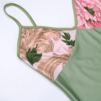 Floral Print Summer Green Dress Womens Fashion Casual Sleeveless V-neck Backless Tunics Bodycon Holiday Beach Dresses Streetwear