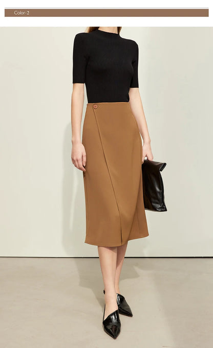 Minimalism Women Skirts 2024 Spring New Asymmetric Lap Piece A-line Solid Trendy Commuter Mid-Calf Skirt For Lady 12421040