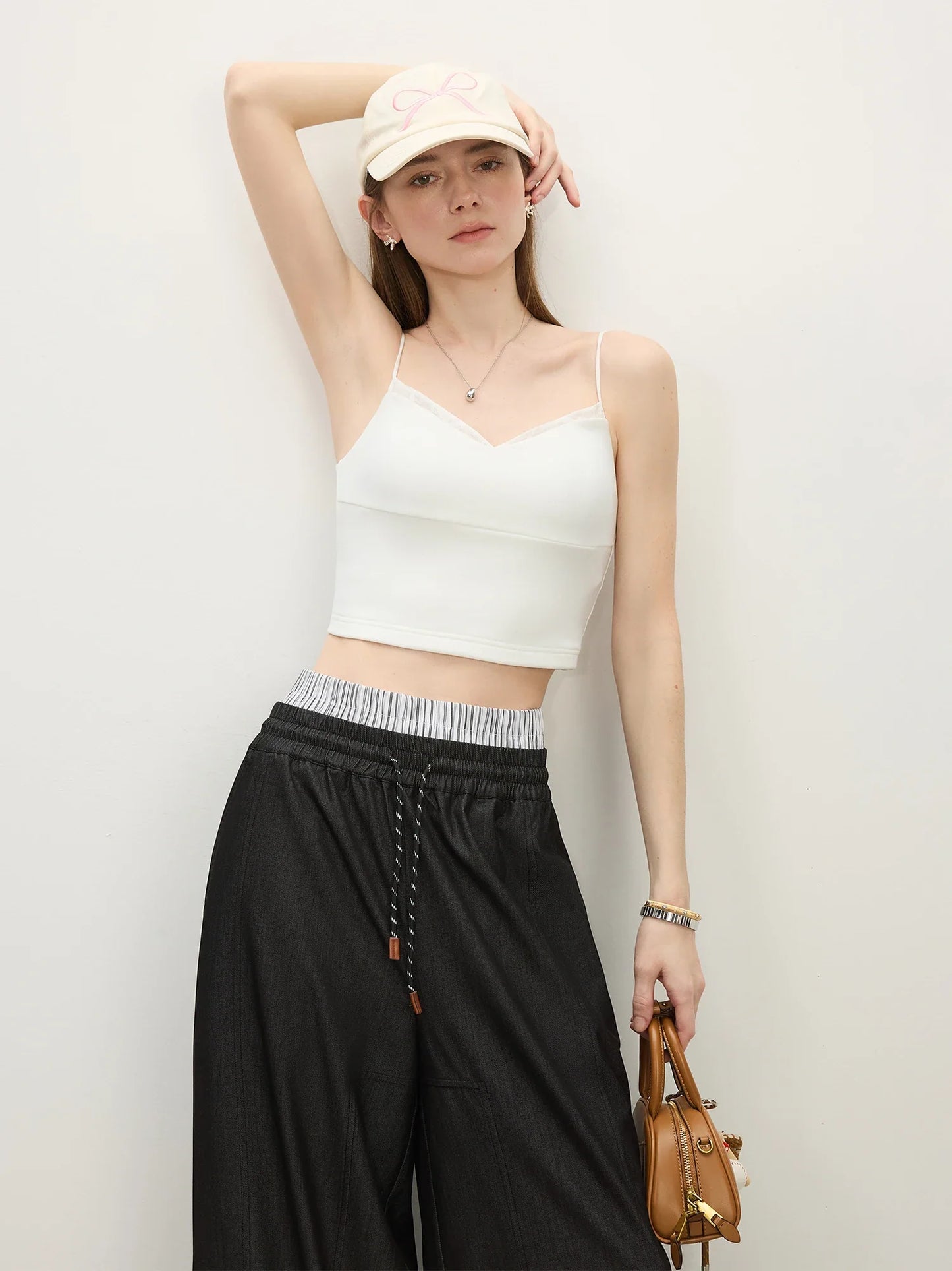 MInimalism Slim Fit Lace Splicing Camisole For Women 2025 Summer New Arrival Strappy Sleeveless Casual Tops 25FS12483