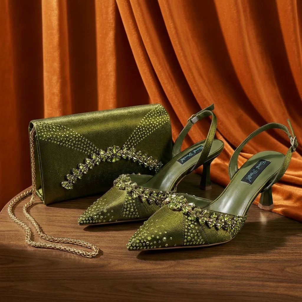 2026 Italian Inspired Gold Rhinestone HAND CRAFTED UPPER Pointed Toe Women High Heels Shoes and Bag Set Elegant Party Shoes