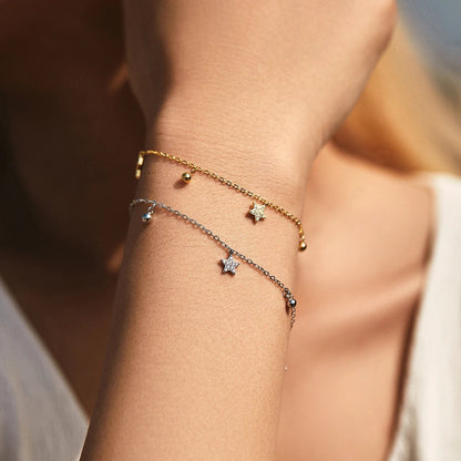 925 Sterling Silver Stars & Beads Charm Pendant Bracelets Gold Color Stackable Link Chain For Women Party Jewelry