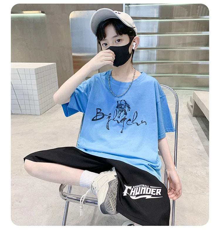 Kids Boy New Summer Suit Tie Dye T-shirt + Cargo Shorts 2 Pieces Tracksuit for Teens Child Shorts Sleeve Clothing Set Age 4 - 14