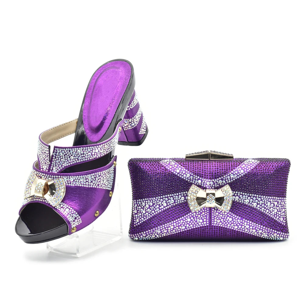 Latest Red Color Italian Ladies Shoes and Bag Sets Decorated with Rhinestone African Matching Shoes and Bags Italian In Women