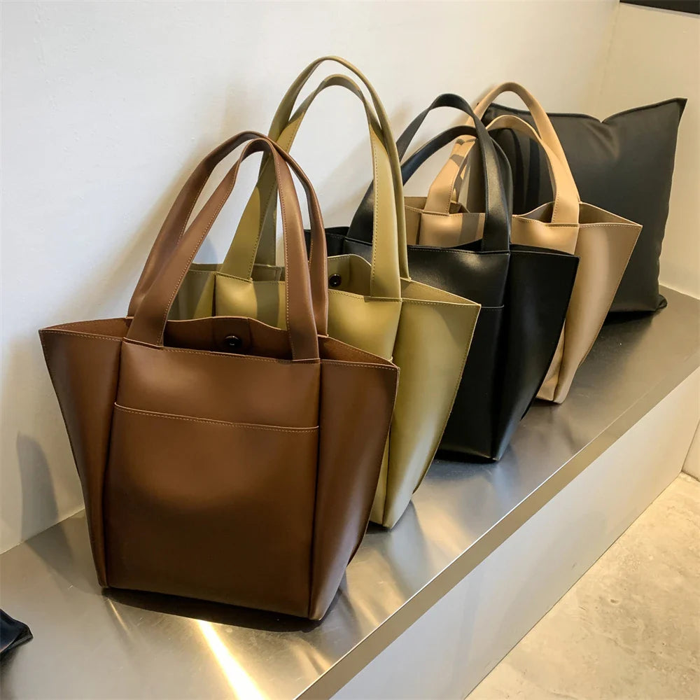 High Quality Soft Leather Woman Casual Tote Shopper Solid Color Handbags Large Capacity Single Shoulder Bag with Outer Pocket